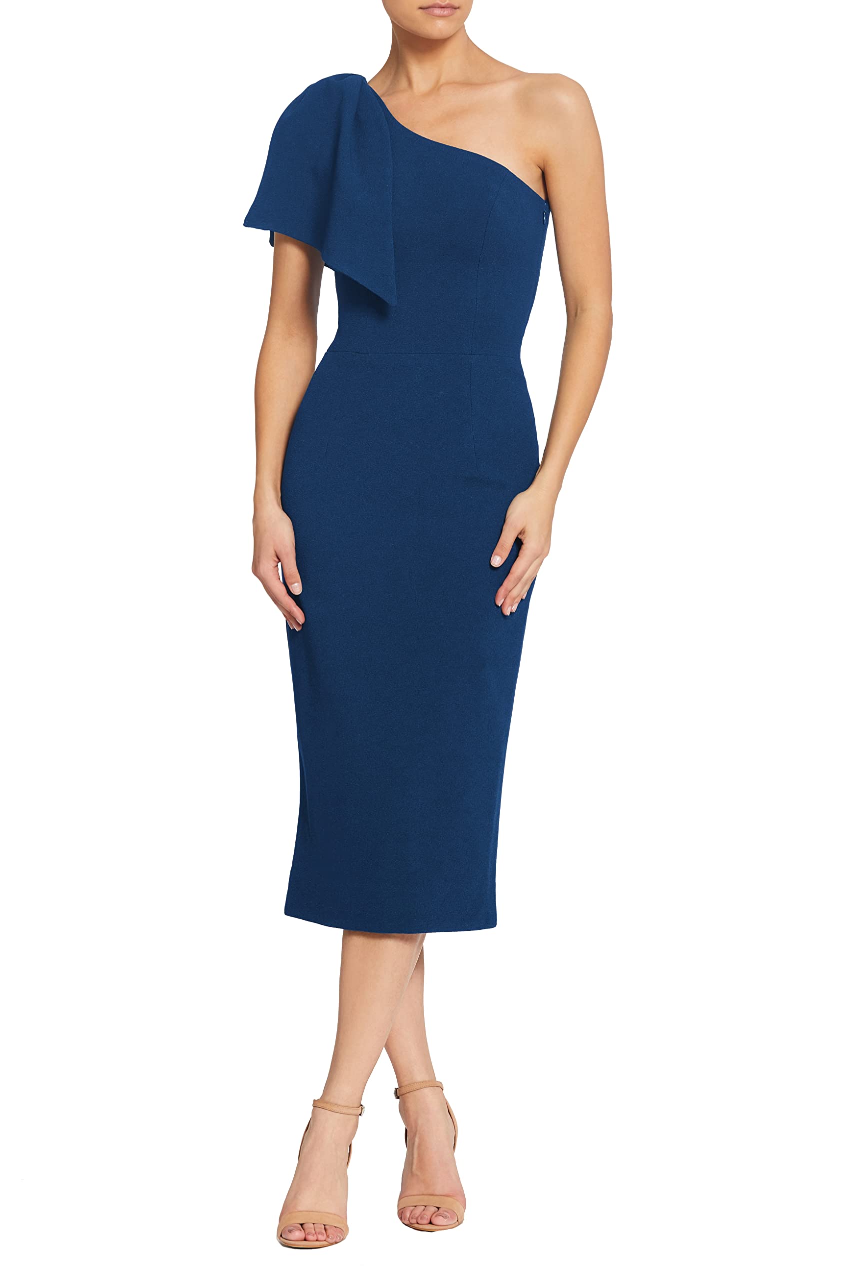 Dress the Population Womens Tiffany One Shoulder Bow Detail Midi Sheath Dress