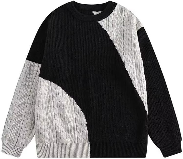 Winter Color Blocking Irregular Splicing Sweater Men's Round Neck Knitted Loose