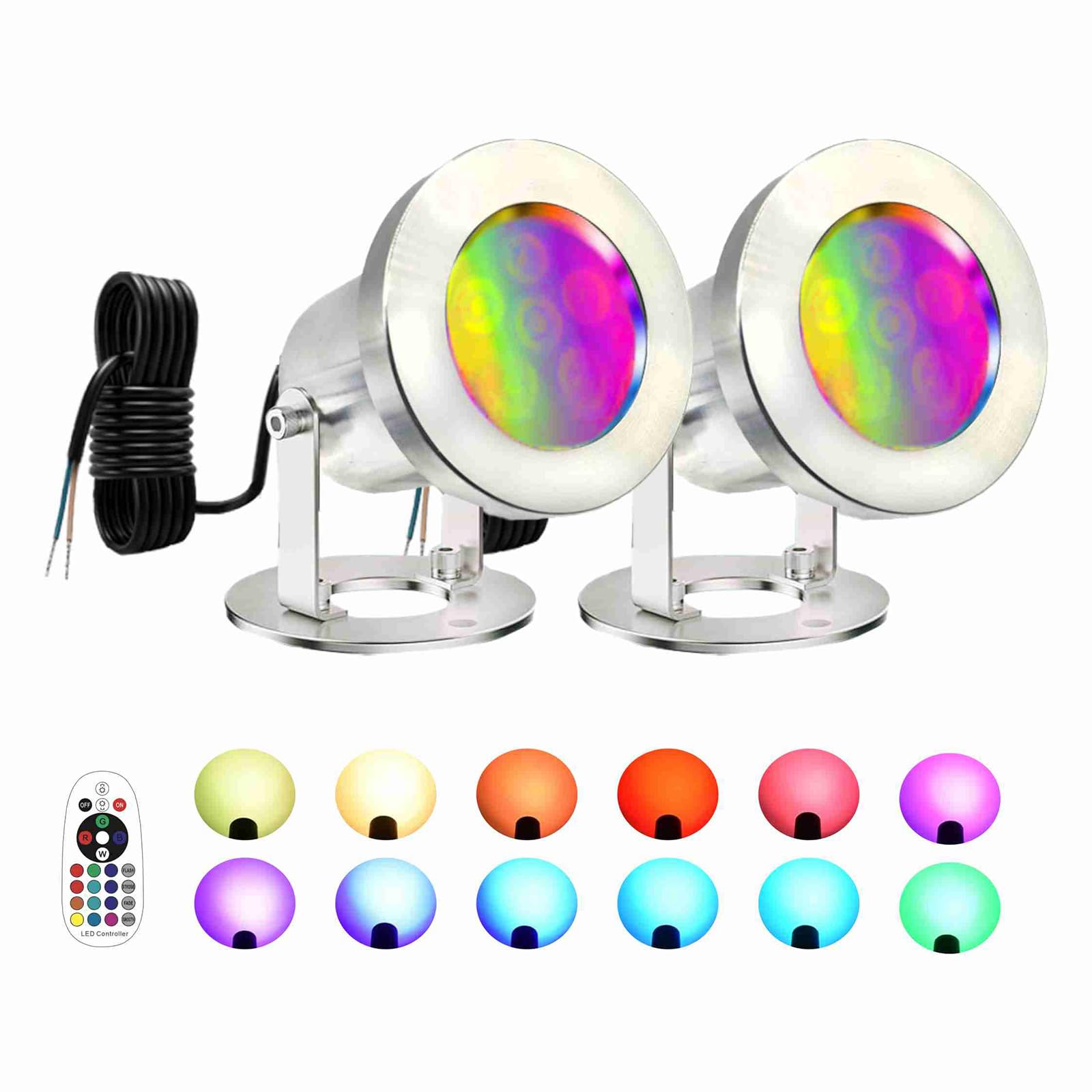 Luci a LED per laghetto con telecomando, 6 W, SS316, in acciaio inox, RGB, luce subacquea IP68, impermeabile, per esterni, per stagni e cascate (2)