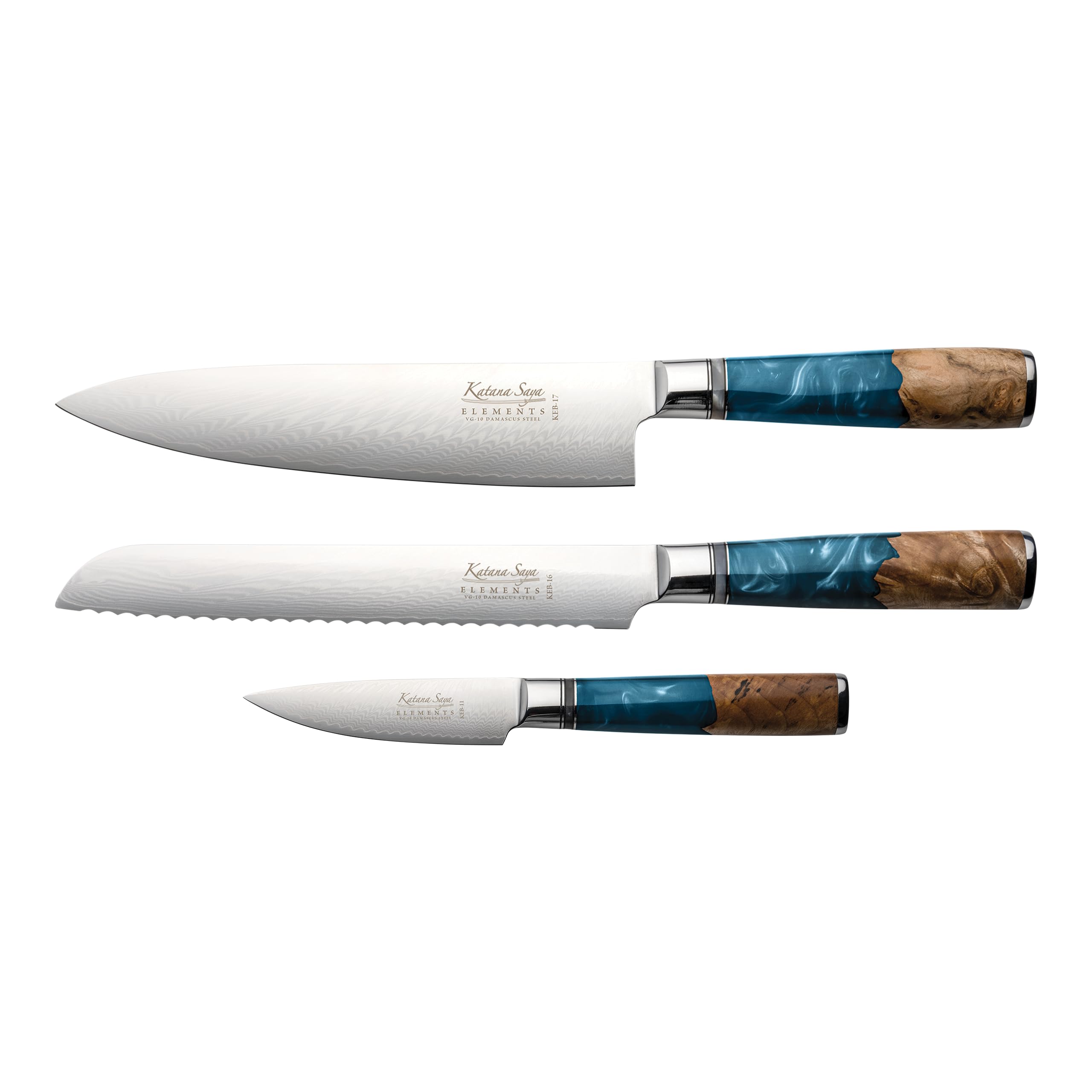 Katana Saya Ocean Blue Elements 3 Piece Kitchen Knife Set, 20Cm Chef's, Kitchen Knife, 20Cm Bread And 9Cm Paring Knives, Japanese Vg-10 Damascus Stainless Steel, Natural Olivewood And Resin Handle