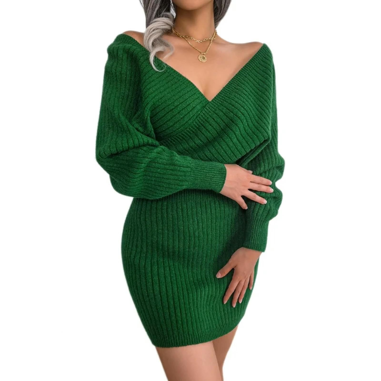 Robe Cache-cœur à col en V pour Femme - Robe mi-Longue en Tricot - Vert - S
