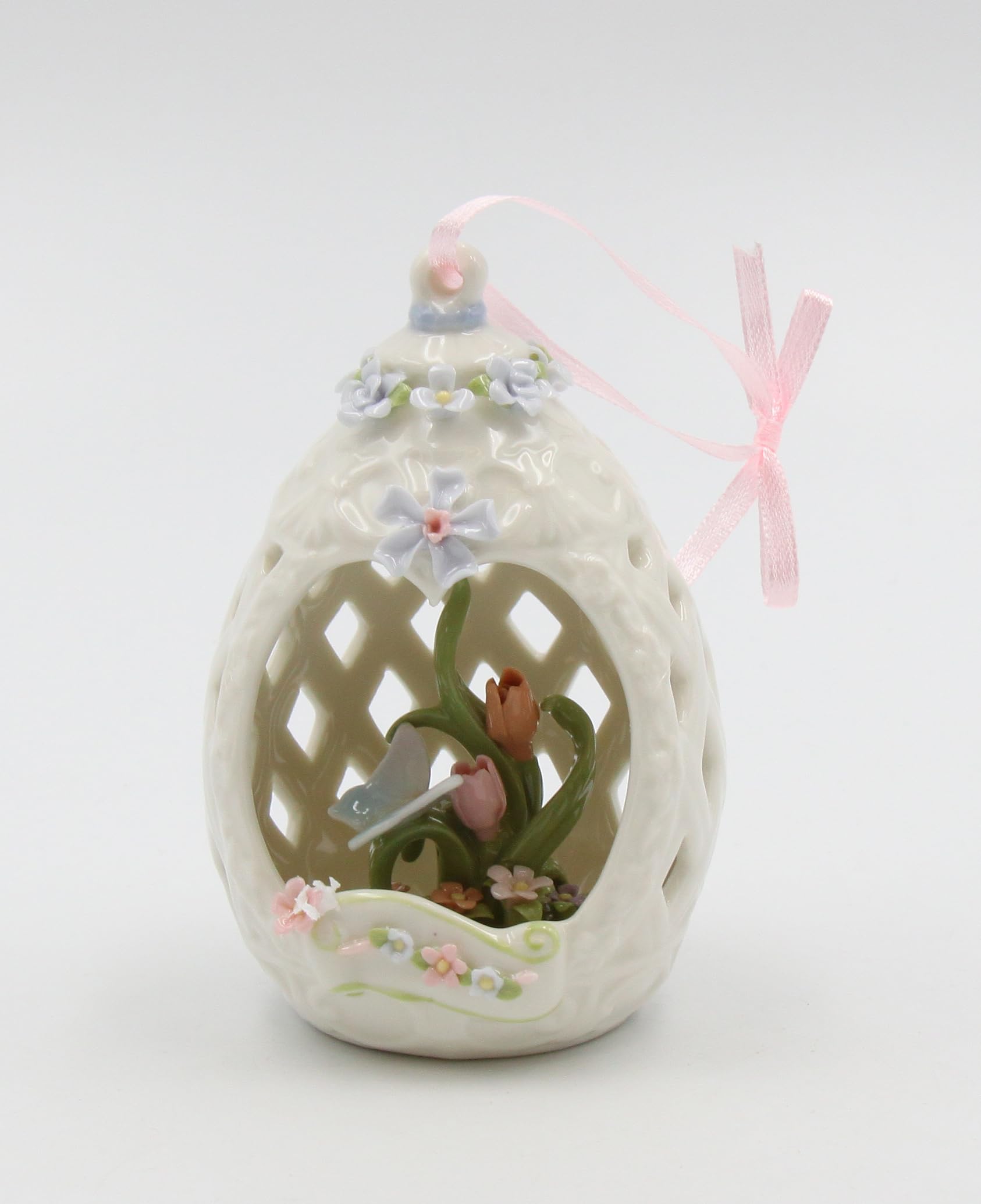 Cosmos Gifts Fine Porcelain Butterfly with Tulip Flowers in Egg Shape Dome Ornament Figurine, 4-1/4" H