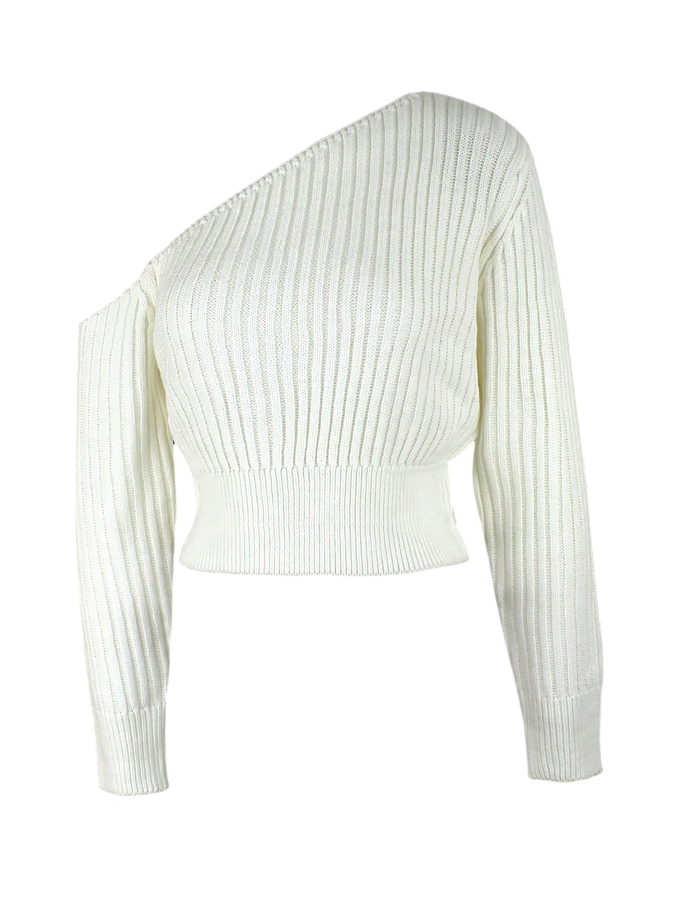 GORGLITTER Womens Off The Shoulder Cropped Sweater Long Sleeve Asymmetrical Neck Cinched Waist Tops