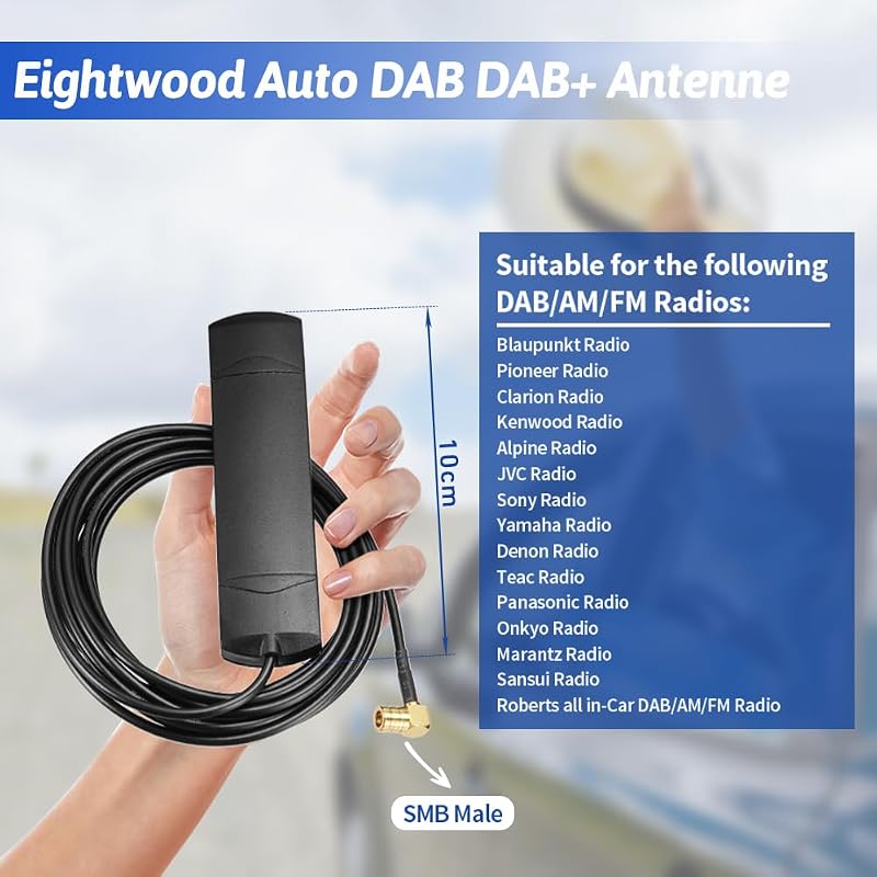 Eightwood DAB+ Szélvédő Antenna 17dBi - 3M SMB Kábellel Pioneer, Alpine, Clarion Digitális Rádióhoz, FM/AM Tunerhez