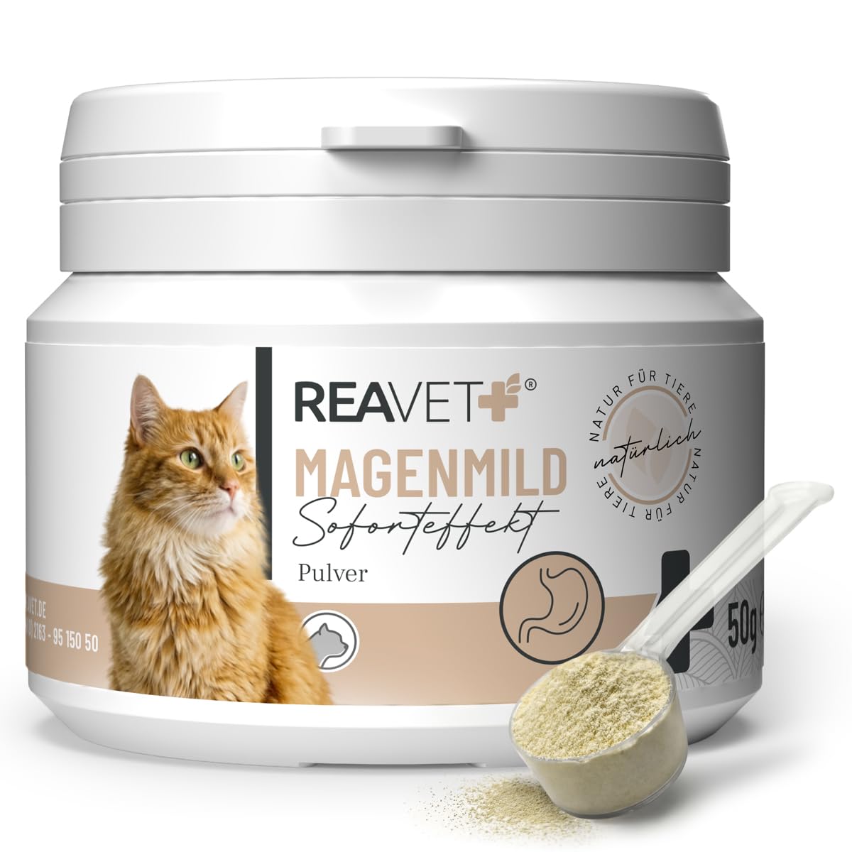 ReaVET Magenmild Pulver für Katzen – Bei empfindlichem Magen, Neigung zu Erbrechen, Würgen, Sodbrennen oder weichem KOT – Magenpulver naturrein mit Bentonit, Heilerde I 50g
