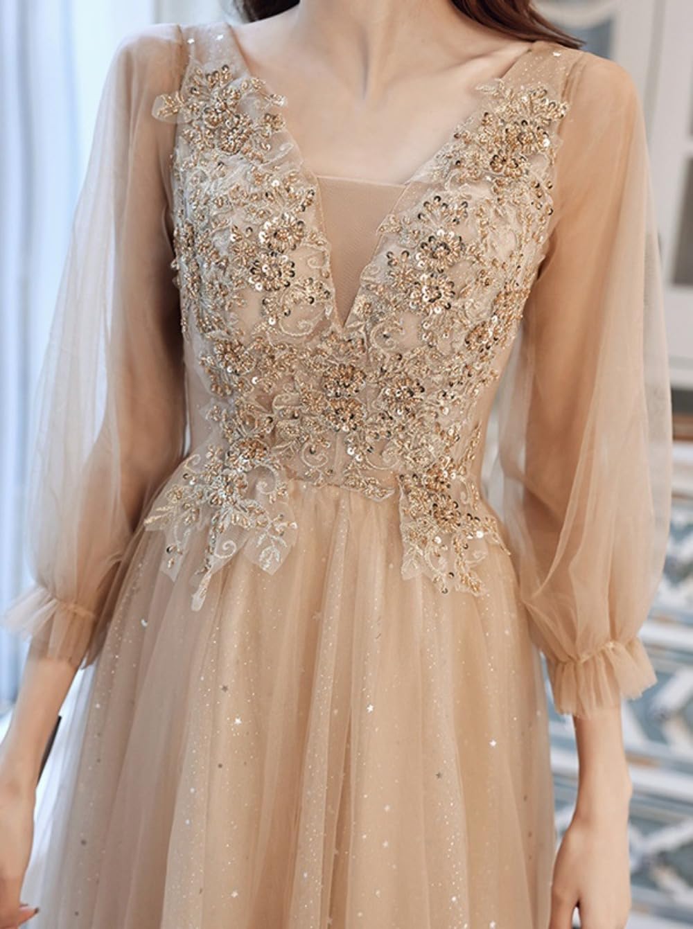 [Patypeety] ドレス 大人 キラキラ ピアノ 発表会 ロングドレス ミモレ丈 大きいサイズ 小さいサイズ 袖付き 長袖 結