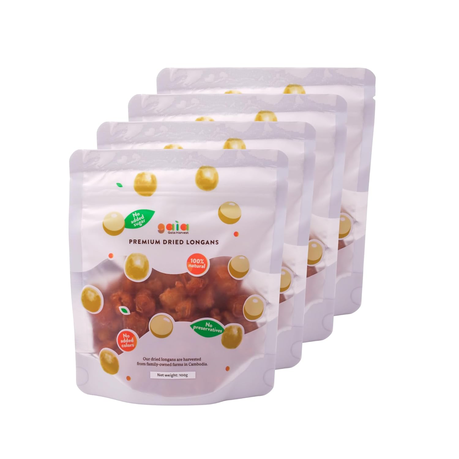 Gaia Harvest Dried Longan Pack of 4 (4 x 100g) | 100% Natural Dried Fruit | No Preservatives or Added Sugar | Rich in Vitamins and Minerals | Premium Cambodian Longan