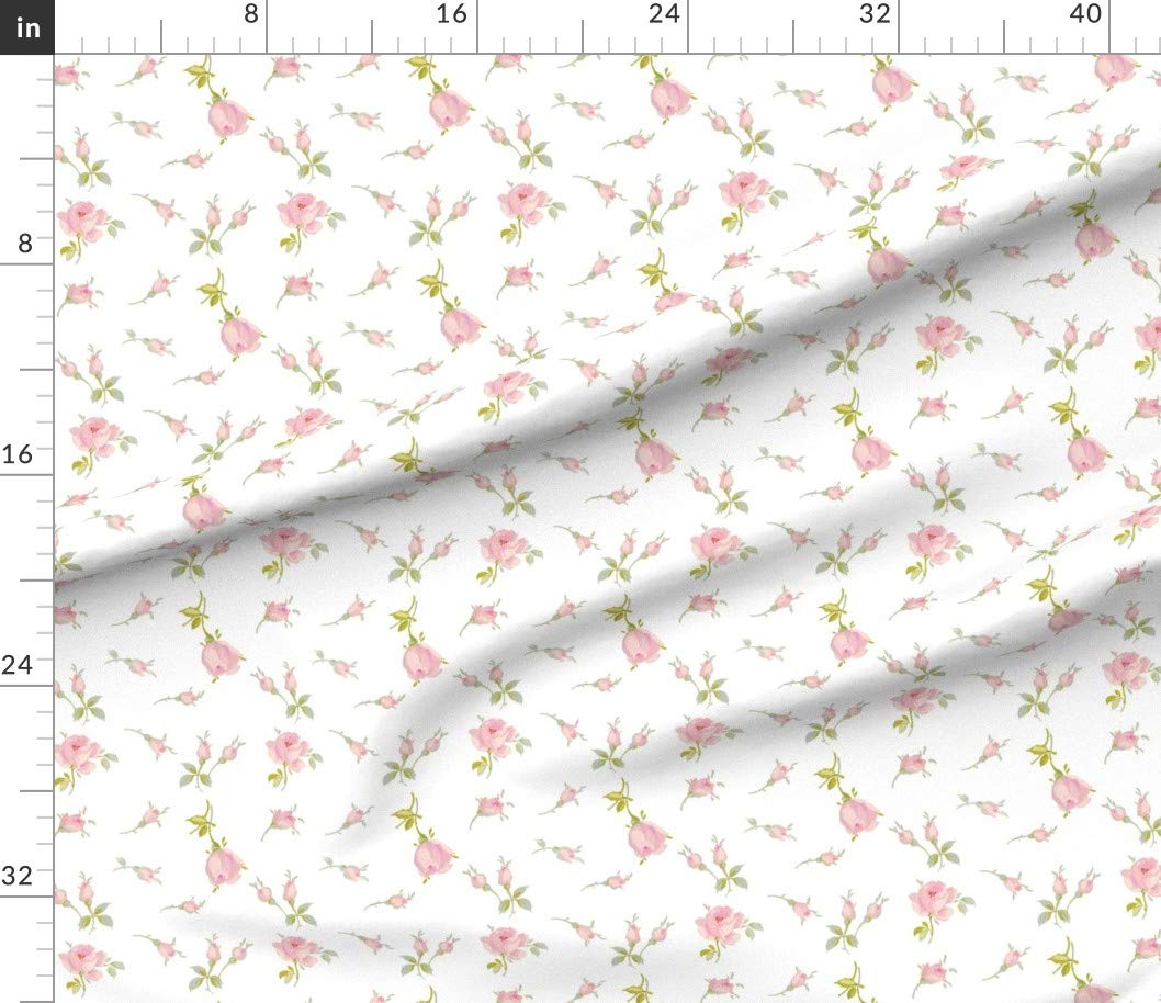 Spoonflower Fabric - Pink White Shabby Chic Roses Green Printed on Petal Signature Cotton Fabric by The Yard - Sewing Quilting Apparel Crafts Decor