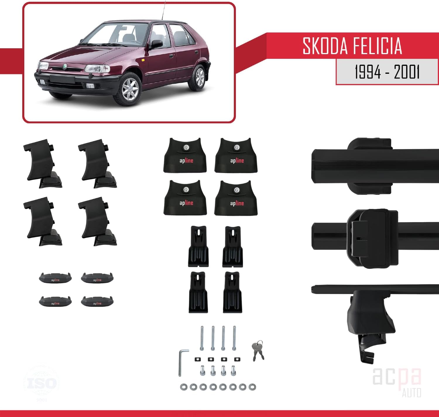 Compatible with Skoda Felicia 1994-2001 ACE-4 Car Roof Rack Cross Bar Black Aluminium 2 Bars