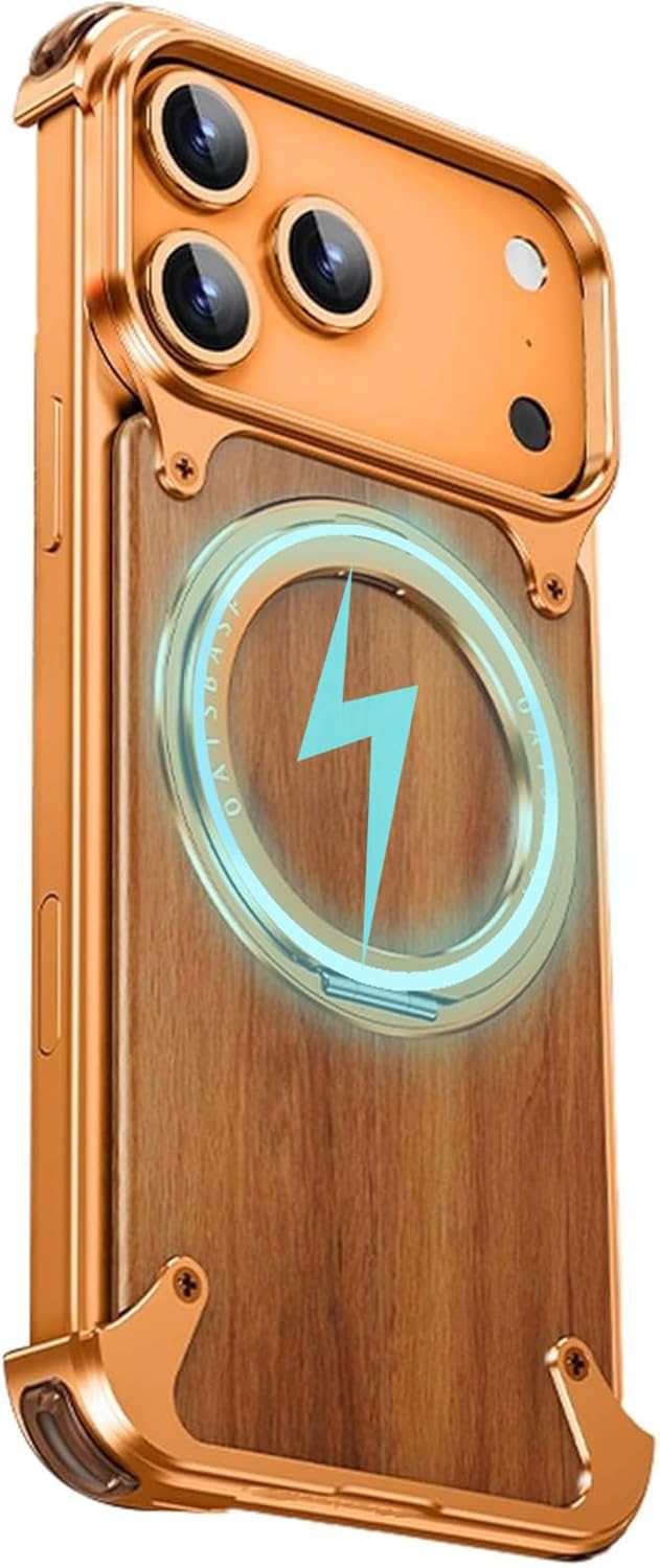 Case for iPhone 17 Pro, Walnut Wood Back Aluminum Bezel Less Design Hidden Ring Stand Magnetic Charger Alignment Shockproof Corners, Orange