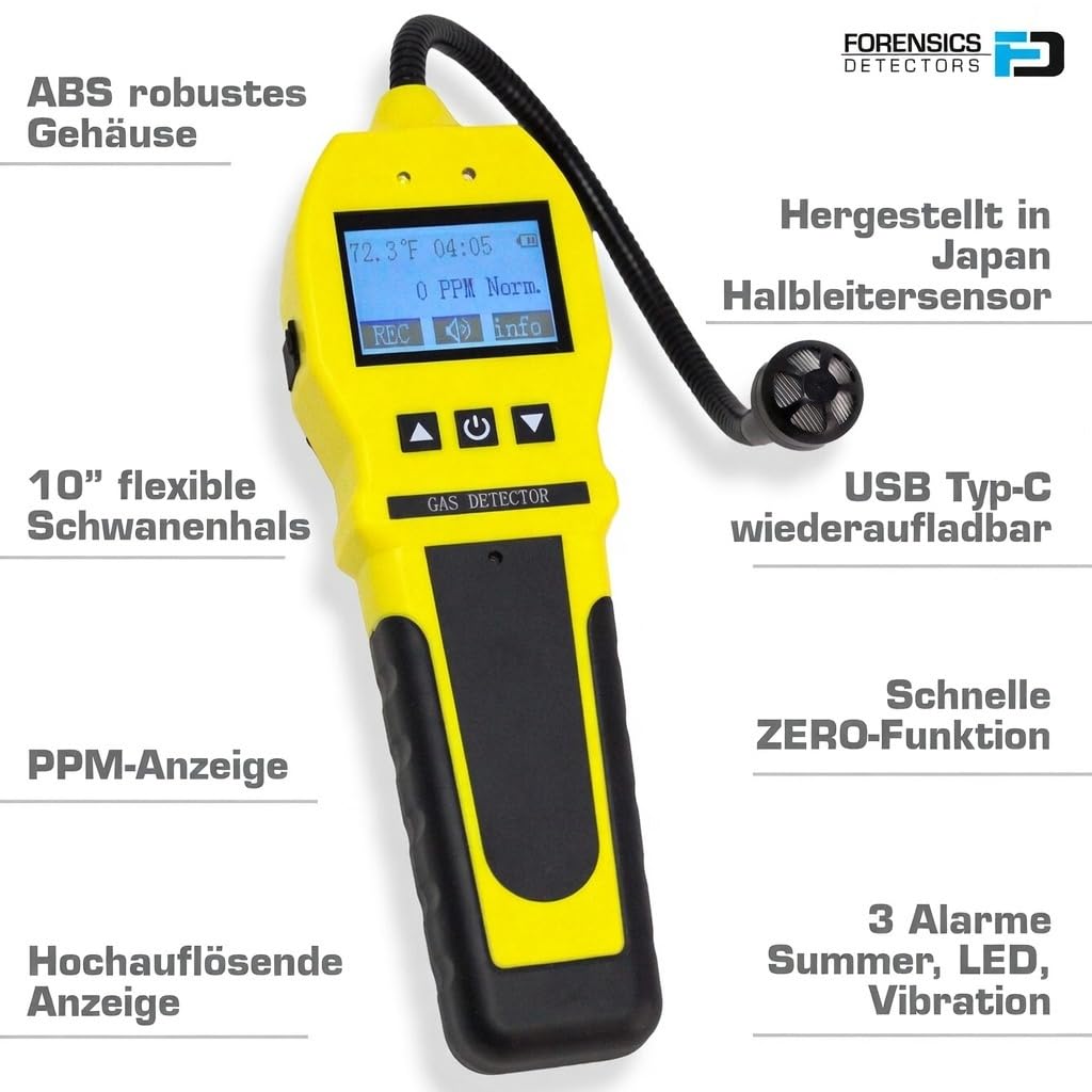 FORENSICS DETECTORS FD GASLECK | Einstellbare Alarme | 0-10,000ppm & 1 ppm Auflösung Anzeige | Wasser, Staub und Explosionsschutz | Li-Ion-Akku | Erdgas, Methan, Propan, Butan, H2, NH3 & Alkane