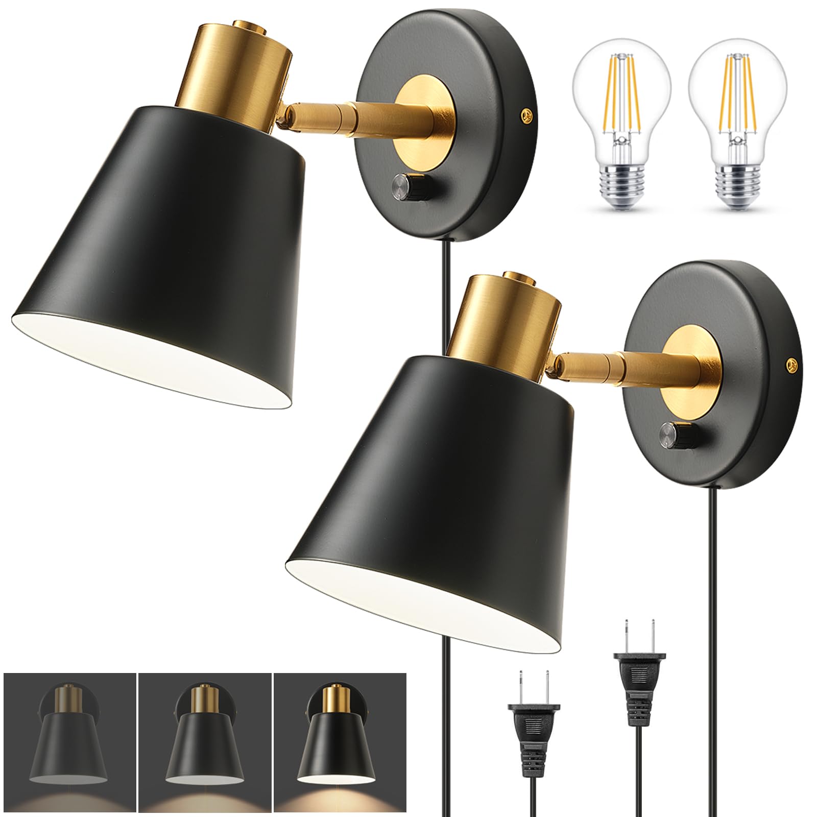 Ziqili Black Plug in Wall Sconce Set of 2, Dimmable Wall Sconces Adjustable Angle Wall Lights with Plug in Cord and Dimmer On/Off Rotary Switch,Wall Mounted Light for Bedroom Bedside Stairway.