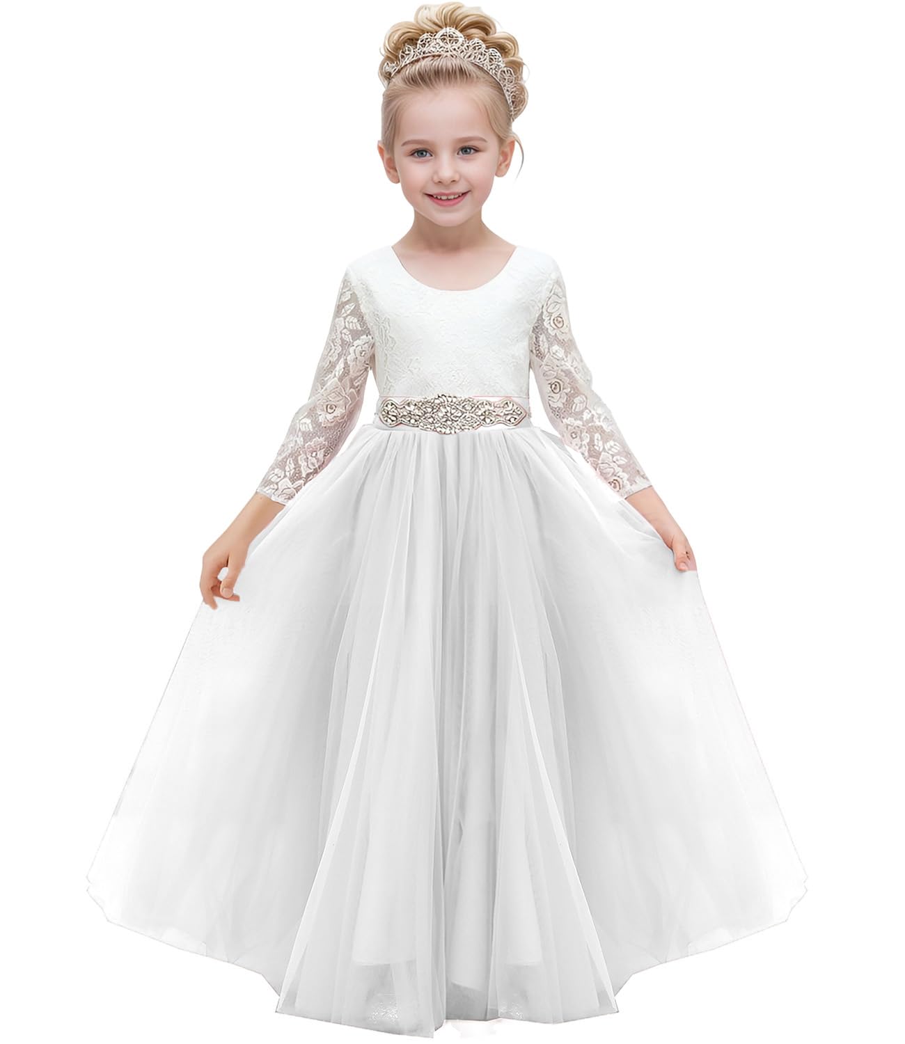Aibaowedding Abito da bambina in pizzo con scollo a V, in tulle con fascia per la prima comunione, elegante abito lungo