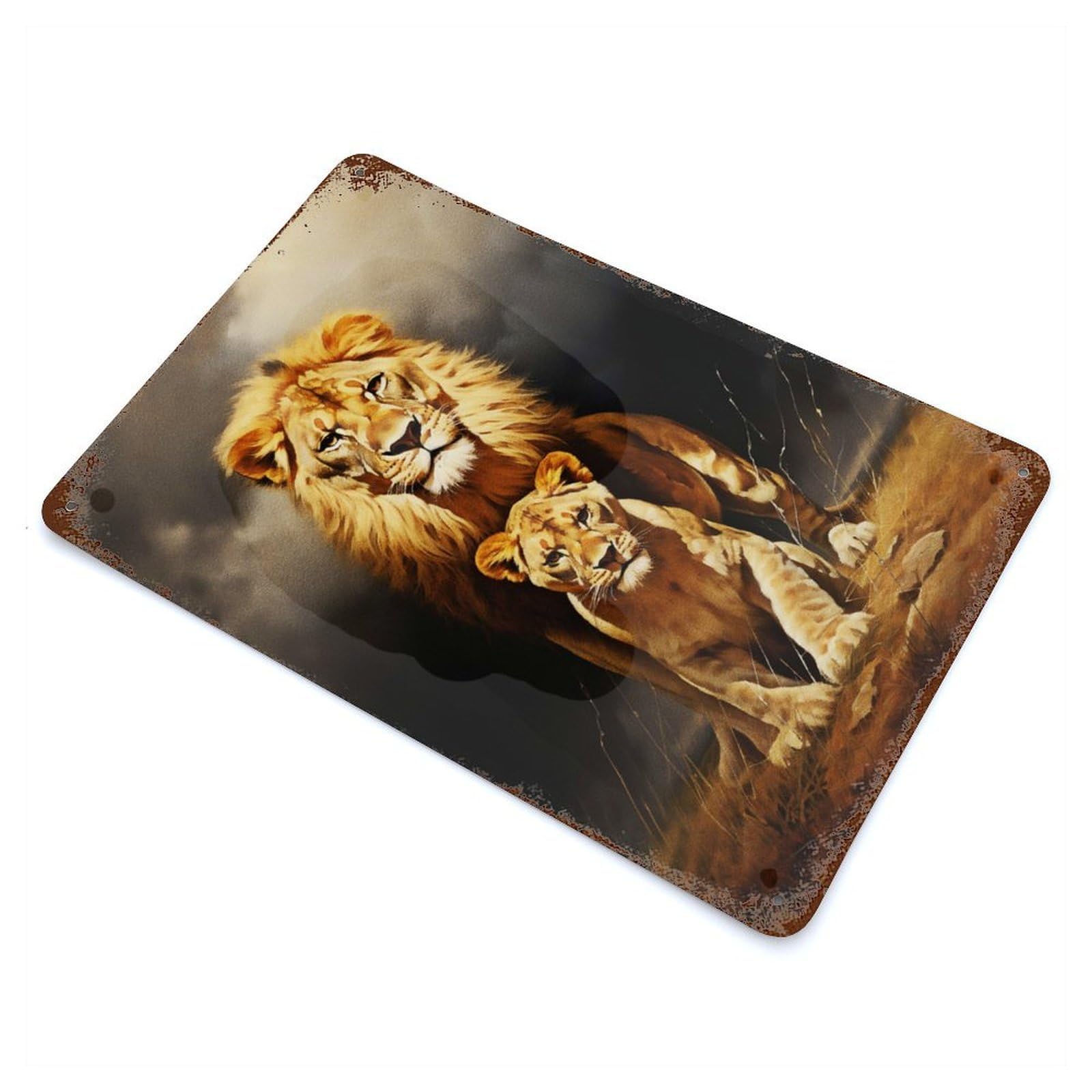 Aged Metal Wall Plaque with Lion Family Design 11.8"x7.9", for Pub, Kitchen And Man Cave Decor, Shabby Chic Decor