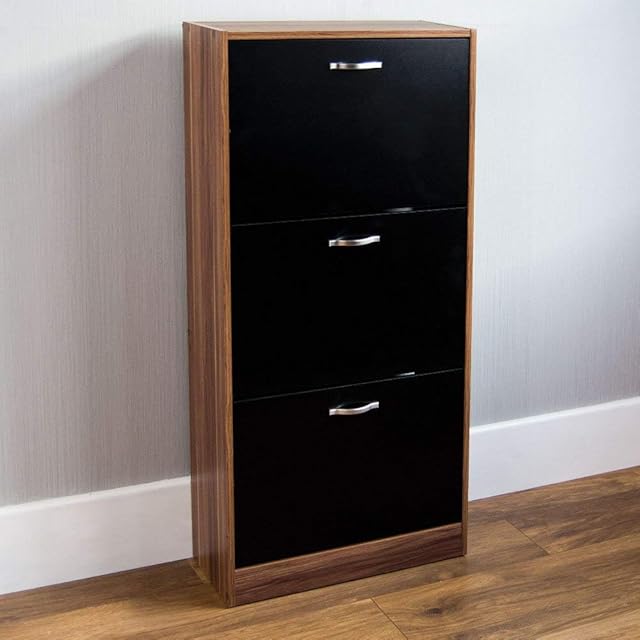Vida Designs 3 Drawer Shoe Cabinet Cupboard Shoe Storage Organiser Pull Down Wooden Furniture Wood Unit, Walnut and Black