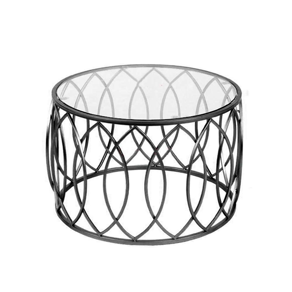 Transparent Tempered Glass Coffee Table Living Room Round Side Table Balcony Wrought Iron Leisure Table,Gold/Black,60×40CM (Color:Black)