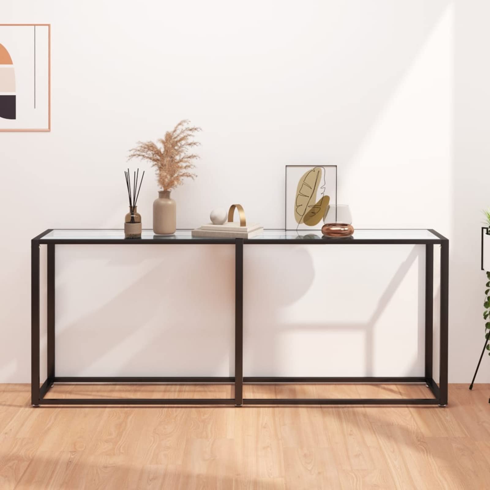 Stolik konsolowy przezroczysty 180 x 35 x 75,5 cm ze szkła hartowanego, stolik konsolowy z szufladą, stolik wejściowy w stylu vintage, wąski, stolik boczny z 2 półkami do przechowywania, do