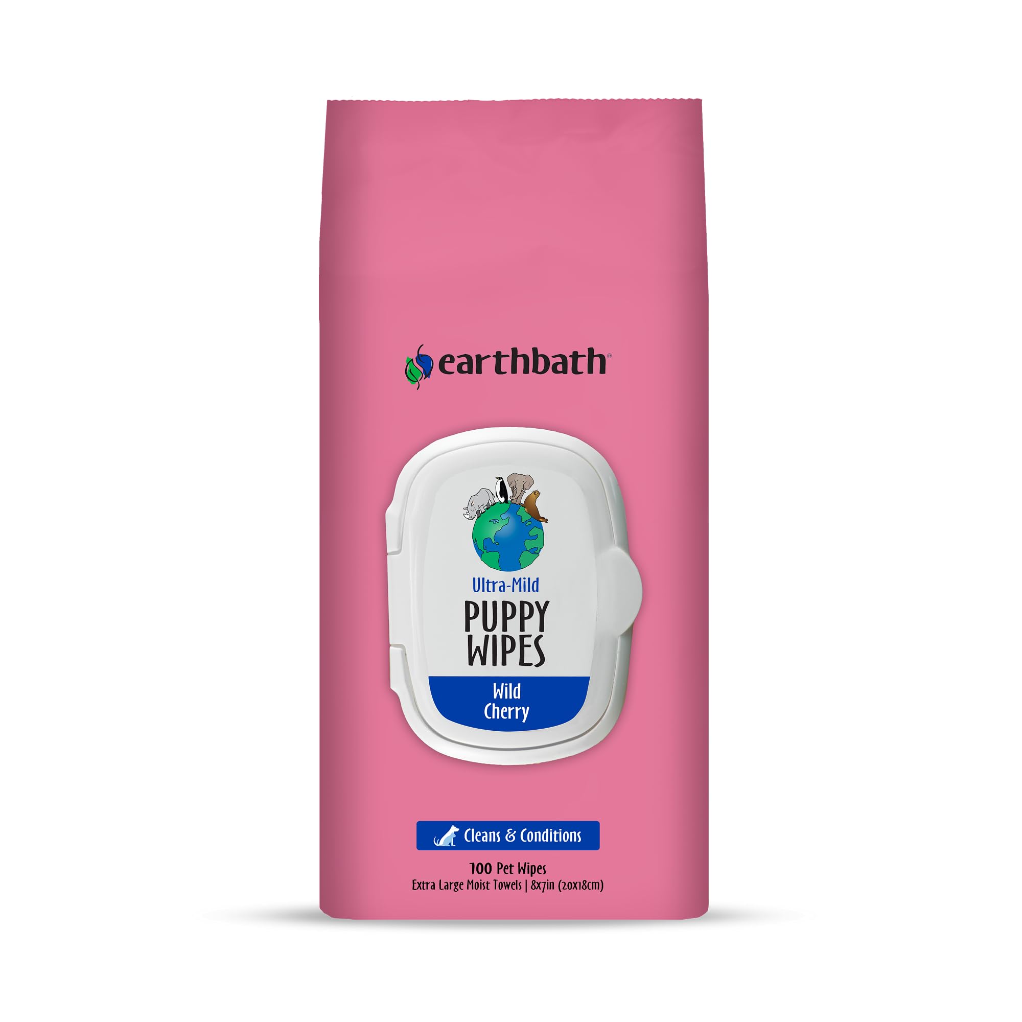 Ultra-Mild Wild Cherry Puppy Wipes - Gentle Pet Wipes for Dirt & Odour, Moisturises, Deodorises & Freshens in-Between Baths, with Avocado Oil, Awapuhi Extract - 100 Count