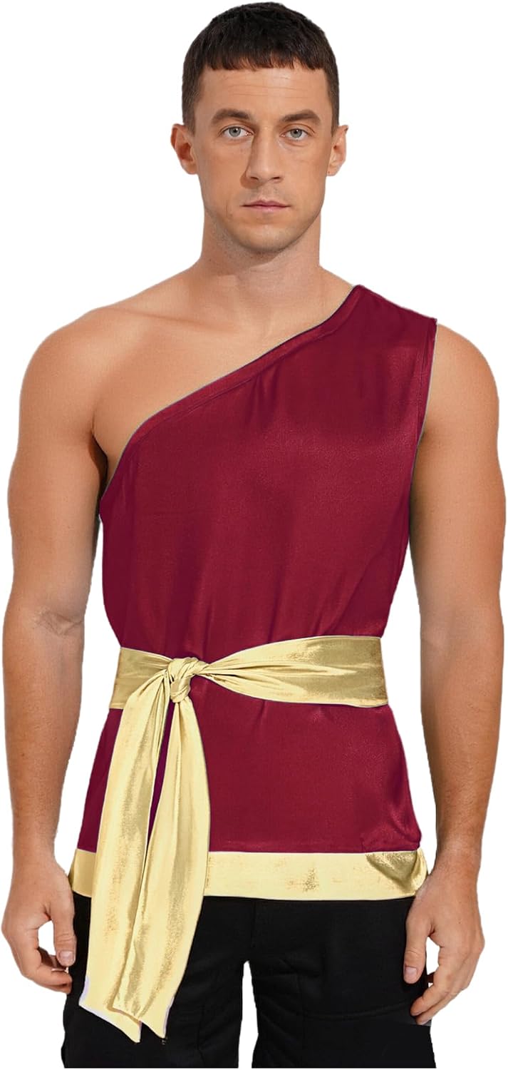 Shinsto Men's Liturgical Praise Dance Shirt One Shoulder Metallic Pullover Tops with Belt Worship Dancewear