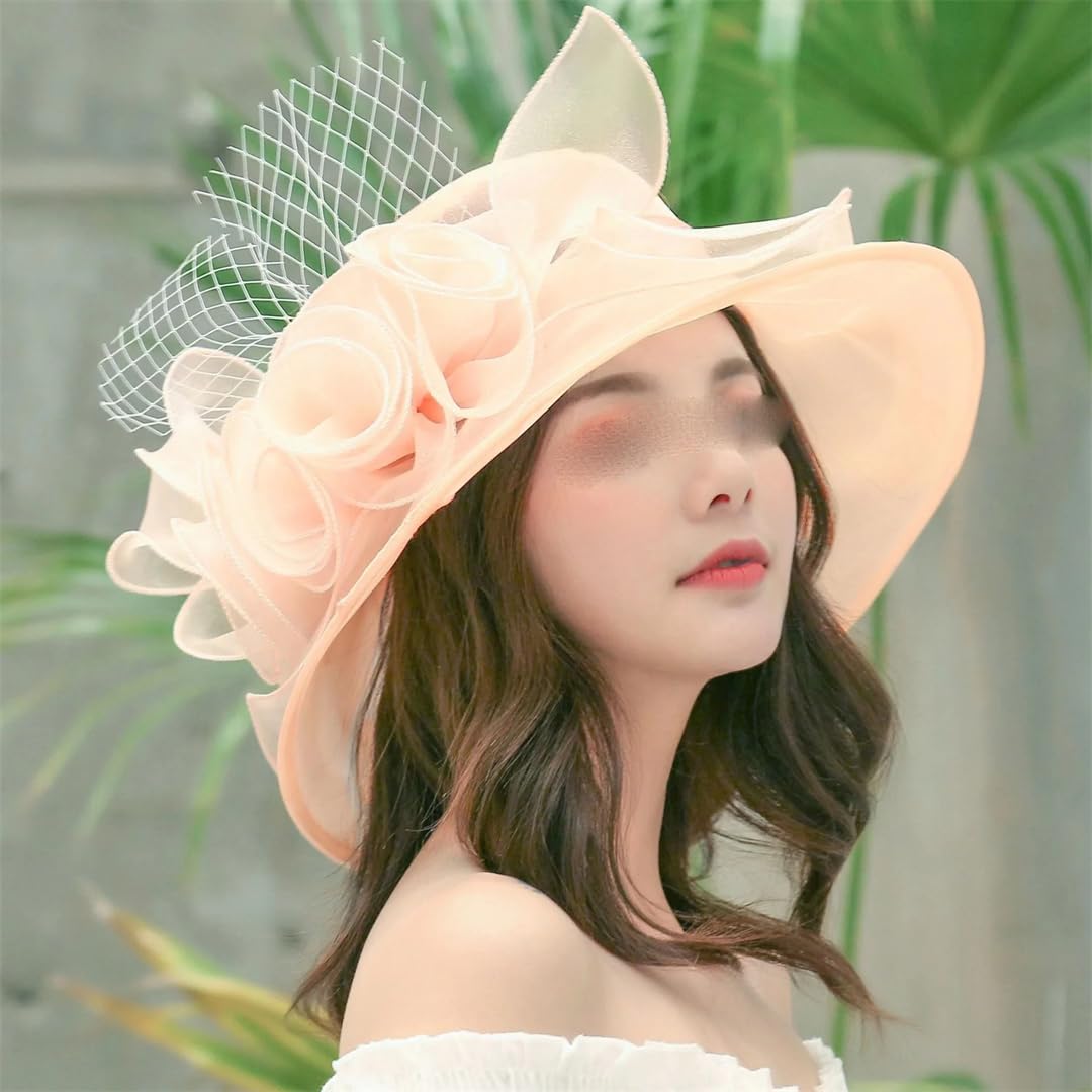 Yeuyyben Cappello da donna elegante con fiocco estivo in organza a tesa larga cappelli per protezione solare per donne chiesa matrimonio spiaggia cappello da sole pieghevole