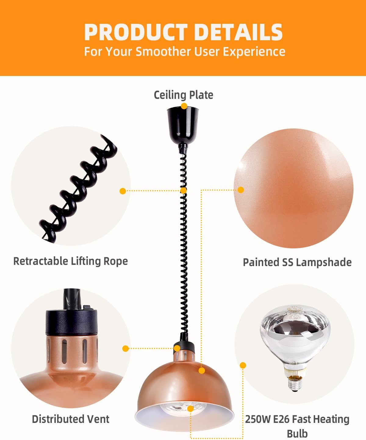 Hanging Food Heat Lamp: [250W Heating Bulb Included] Commercial Food Warmer Lamp, Heating Lamp for Food Service Restaurant Buffet, Height Adjustable, Dia-11.4IN (Copper)