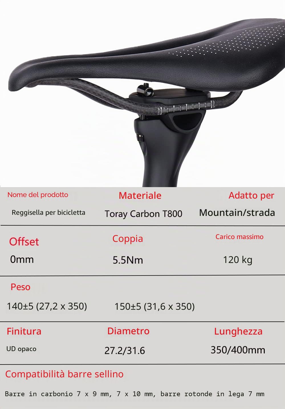 QIKU Carbonio Reggisella MTB/Strada Reggisella Bici,reggisella Bicicletta regolabile3K/UD 27.2/31.6 * 350mm/400mm