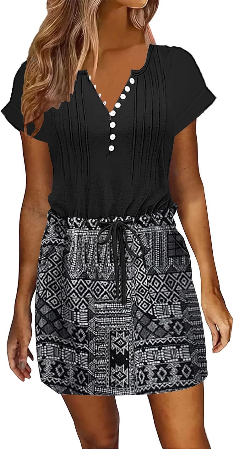 ETCYY Womens Summer Dresses 2026 Sundresses Beach Vacation Drawstring Waist Tshirt Short Sleeve Dress with Pockets