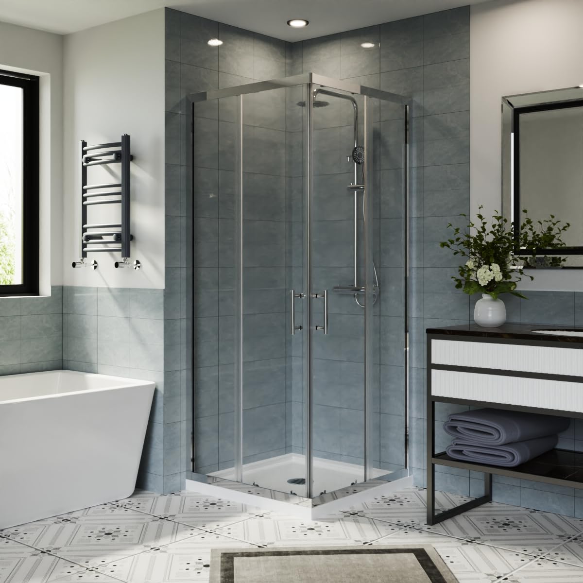 Aquariss Chrome 800X800mm Shower Enclosure And Anthracite Shower Tray Waste
