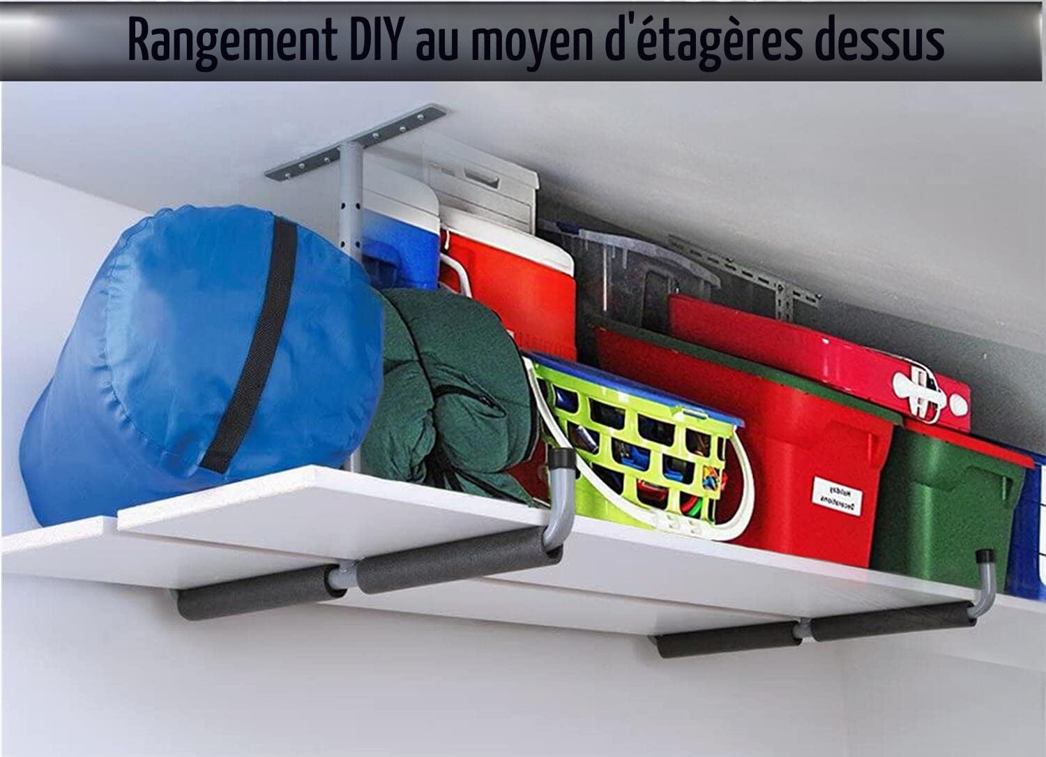 Lot de 4 crochets de plafond caoutchoutés pour garage - En acier noir - Double pointe - 20 cm - Pour échelle et équipements de sport tels que ski, planche de surf, canne à pêche