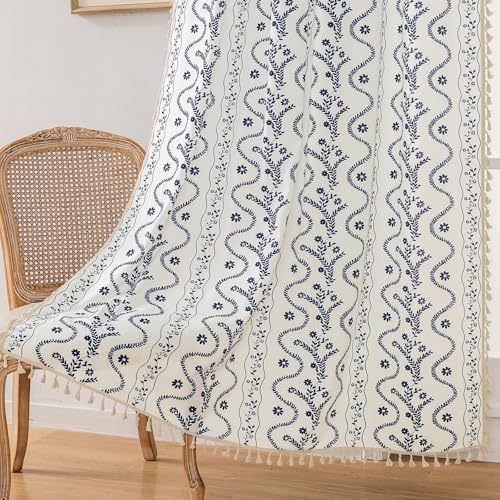 Image of Boho Curtains 63 Inch Long for Living Room, Bedroom, 2 Panels Floral Farmhouse Vintage Tassel Semi Sheer Light Filtering Privacy Window Curtain Drapes with Rod Pocket, Navy