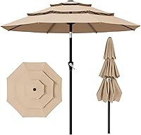 AreShark 9FT 3-Tier Patio Umbrella Windproof UV Protection 8 Ribs Tilt Crank Beige Outdoor Shade