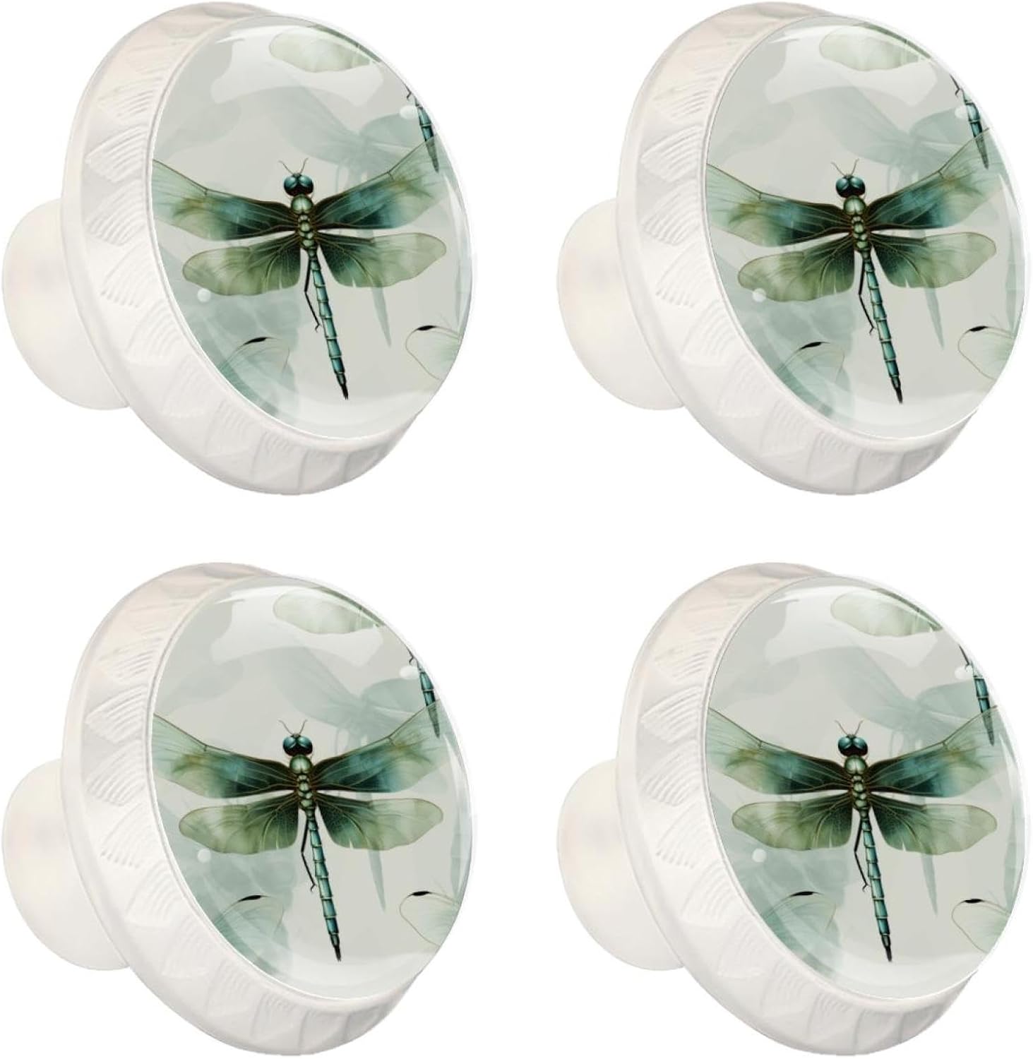 NEWzone 4 Pack Cabinet Knobs Green Dragonfly, White Cabinet Pulls Kitchen Cabinet Knobs, Round Drawer Knobs for Dresser Drawers Cabinet Hardware Cupboard Wardrobe Pulls Handles