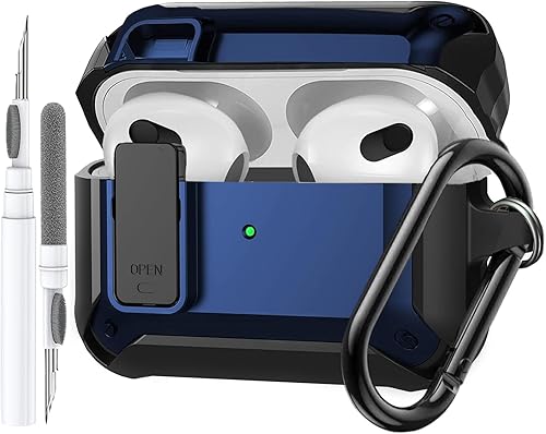 Olytop Funda para AirPods de 3 generación con tapa de bloqueo y bolígrafo limpiador, cuerpo completo resistente para AirPod Gen 3 a prueba de