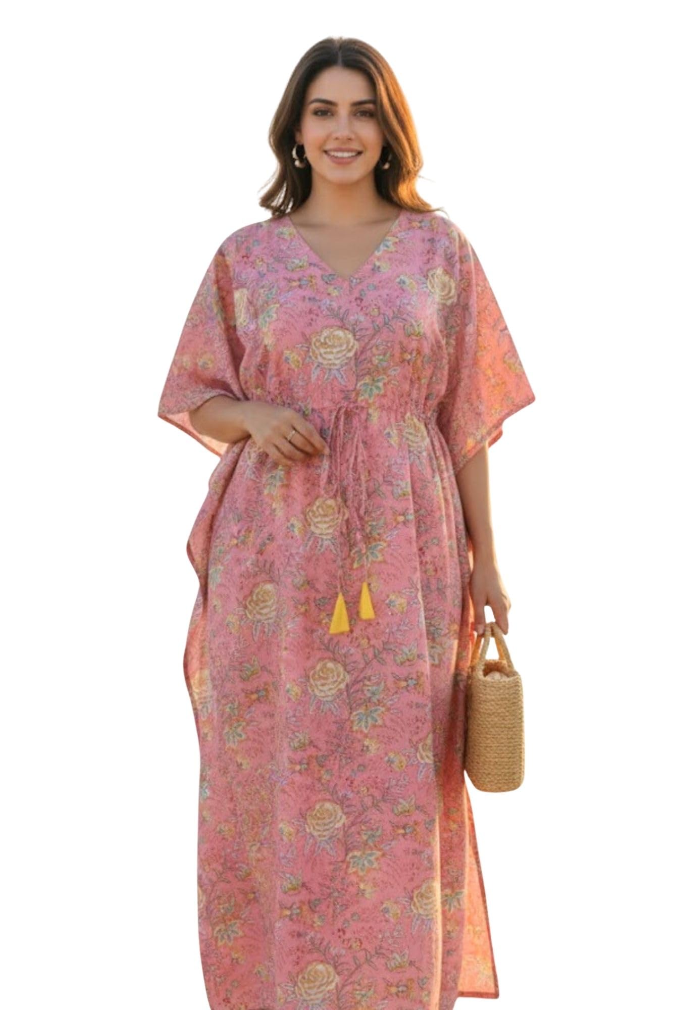 Coral Blossom Maternity & Nursing Kaftan | 100% Cotton Dress-image-48