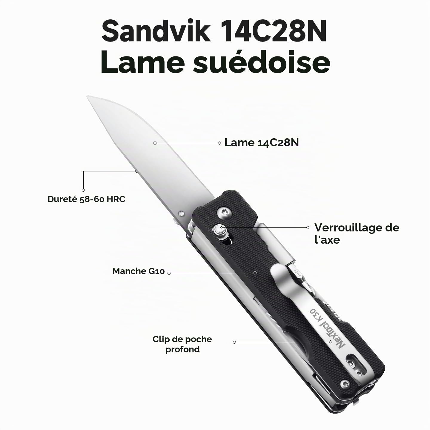NexTool Knight K30 Couteau de Poche Pliant 11 en 1 à Verrouillage par Axe, Outil Multifonctions EDC avec Lame en Acier, Manche G10, Ciseaux Moletés, Jeu de 10 embouts de tournevis de 4 mm pour Camping