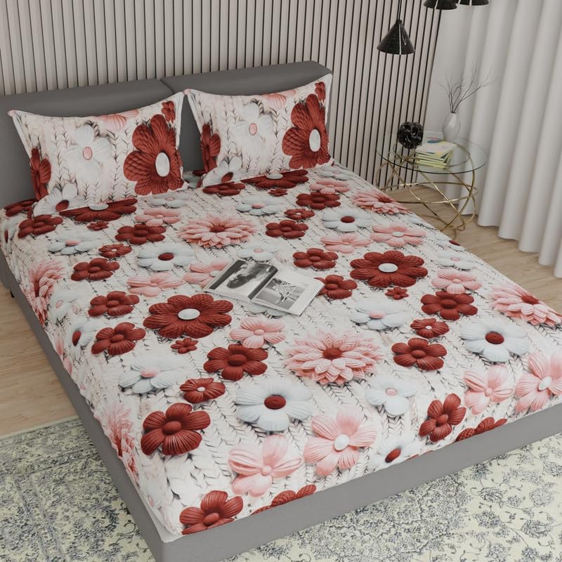 Image of Avinya 210 TC Cotton King Size Feel Luxury Floral Prints 7D Printed Flat Bedsheet with 2 Pillow Cover (COFFEE-7D) 90x100