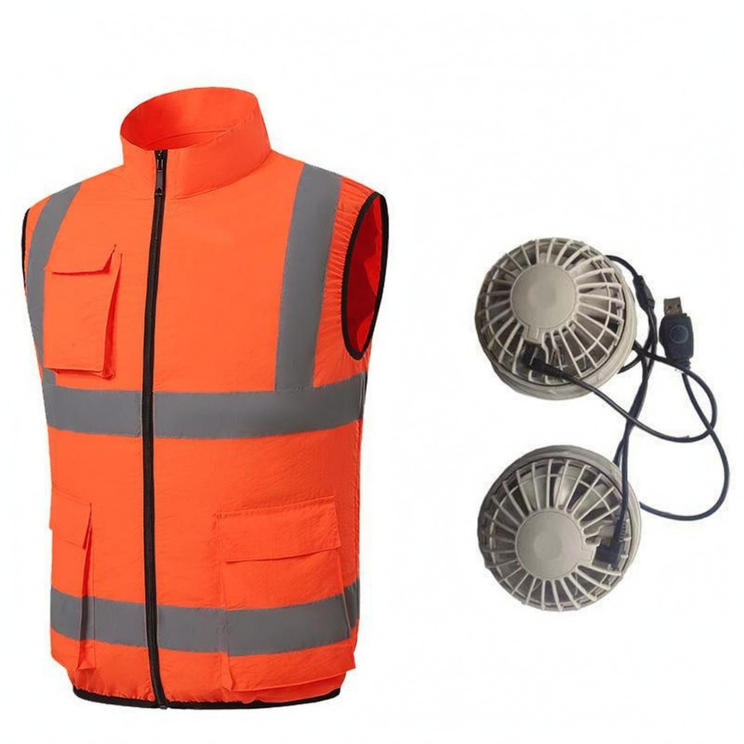 Reflective Fan Cooling Vest Stand Collar Sleeveless Cooling Vest Contrast Trim Workwear Apparel Fitted, 2XL, Orange-w Fan SET-image-18