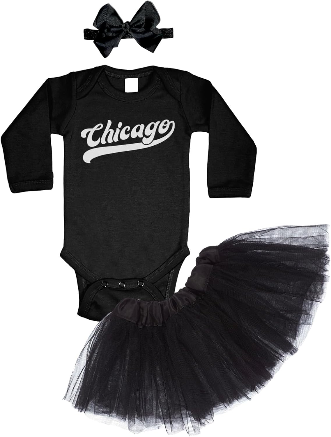 Chicago - Baseball Jersey Style Script Baby Bodysuit + Tutu Skirt + Bow Headband Set