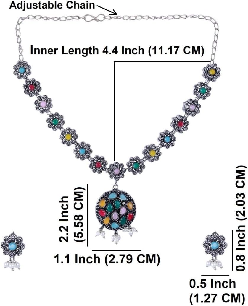 Efulgenz Oxidized Indian Jewelry Necklace Sets Indian Oxidized Jewelry Boho Floral Chain Pendant Crystal Necklace Set Faux Pearl Drop Dangle Earrings Bohemian Statement Jewelry Set for Women - Image 4