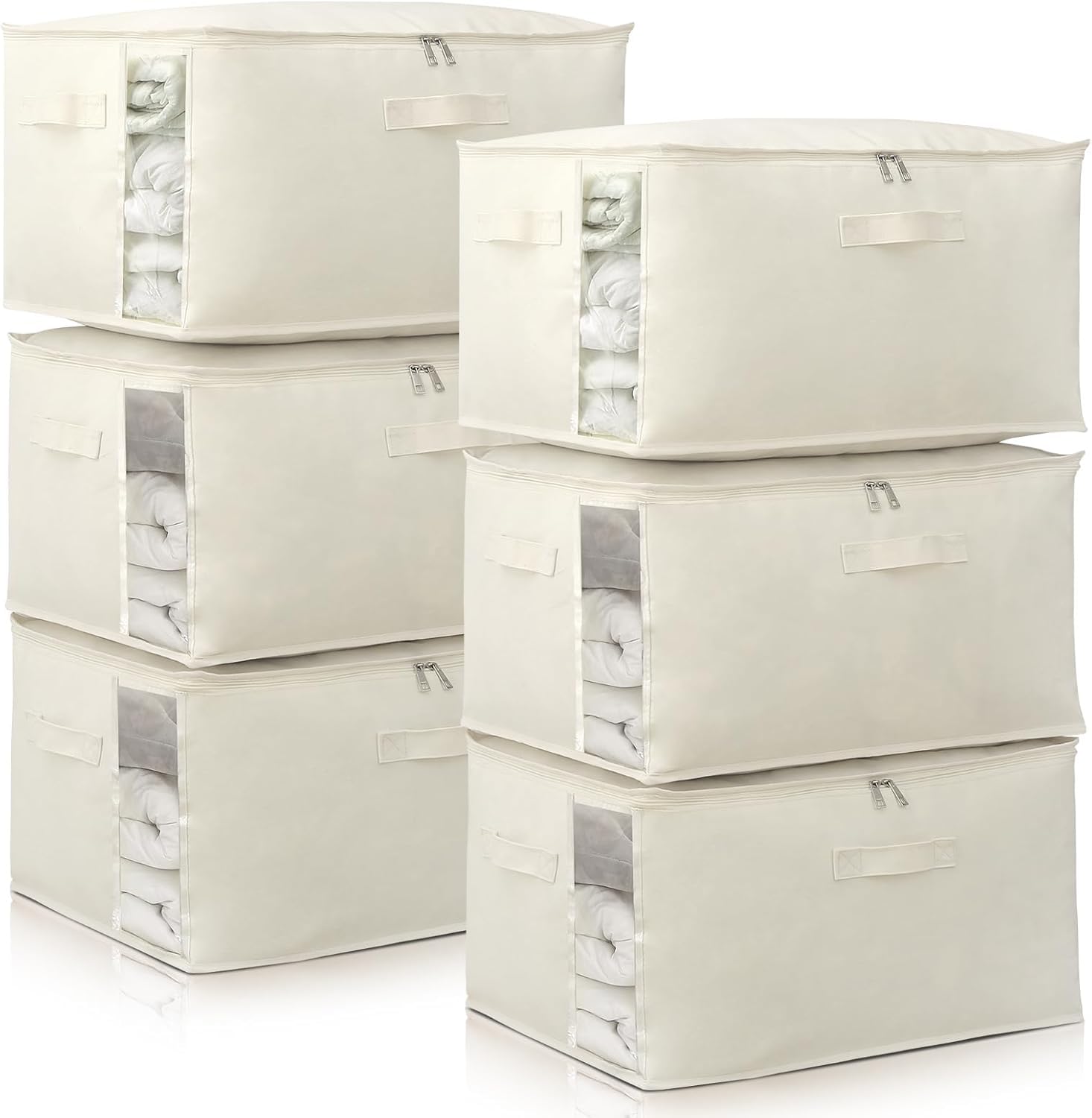Canvas Comforters Bags Closet Organizers and Storage for Quilts Clothes Organization Containers Bins with Sturdy Zipper, Clear Window 75L for Sweaters Blankets Storage Bedroom Collapsible (6Pack)-image-0