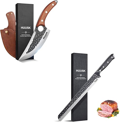 Huusk Paquete de cuchillos de chef mejorados con cuchillo de corte de carne forjado a mano de 11.6 pulgadas