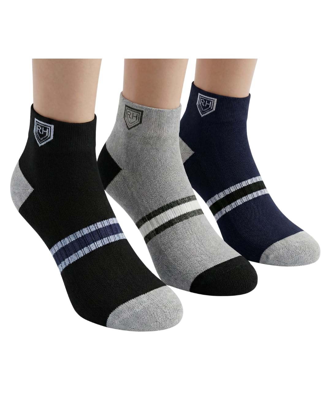 RH Pure Cotton Ankle Length Line Ribbed Socks with Midrib | Seamless Comfort Fit (Pack of 3)-image-39