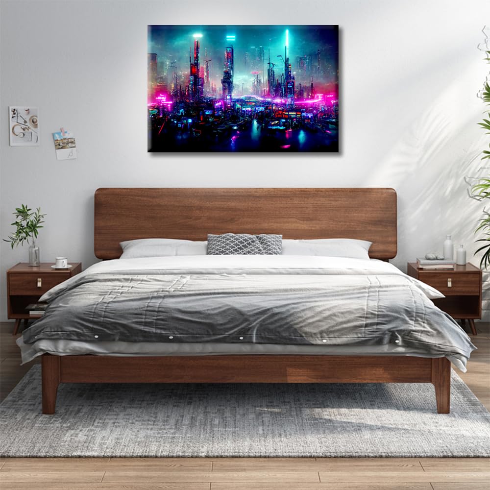 Cyberpunk Style Modern Wall Art Futuristic Cyberpunk City Full of Neon Lights at Night Picture Contemporary Artwork Print On Canvas Cyberpunk City Bedroom Wall Art Framed Ready to Hang - Image 4