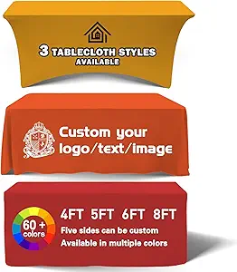 Customized Tablecloth with Logo 4/5/6/8/10FT for Business Tradeshow Events Company School Shop Welfare Organization Other Important Events Shipping Next Day (Stretch tablecloth, 5FT back closed)