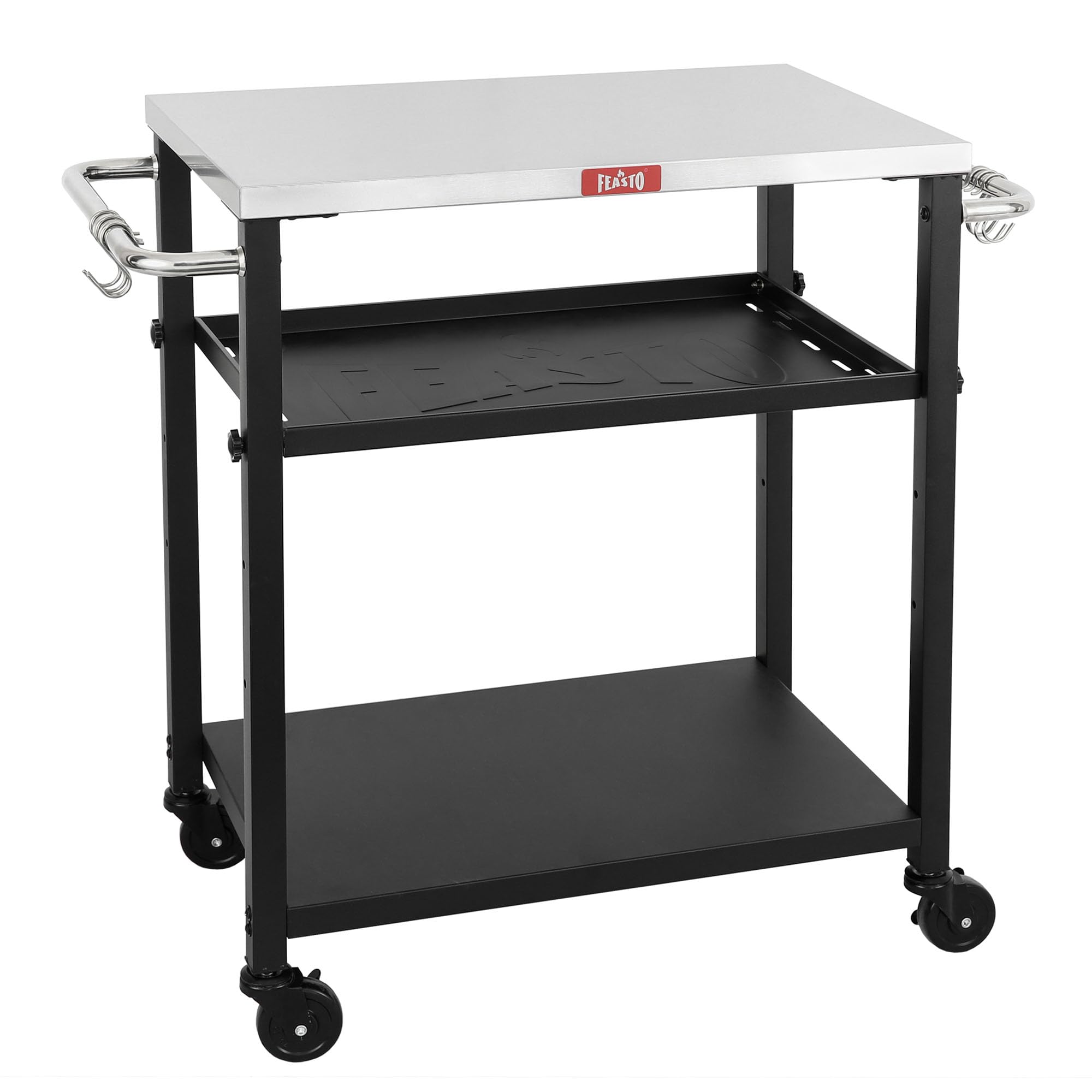 Feasto 3-Étagère Desserte de Jardin avec Plateau en Acier INOX | Chariot de Barbecue avec Étagère Centrale Réglable et 4 Roues Universelles, Idéal pour Intérieur et Éxtérieur, 87,5x41x84 cm