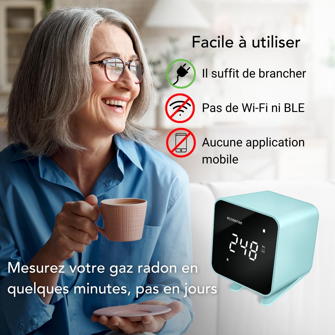 Ecosense EB100 EcoBlu, Détecteur de radon domestique, capture et affichage des résultats toutes les 10 minutes, surveillance continue à court et long terme, facile à utiliser