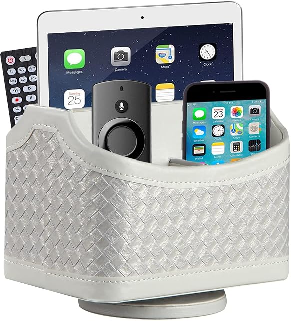 Laikesj PU Leather 360 Degree Rotatable Remote Control, Controller Storage Box, Rotating TV Guide/Mail/Media Desktop Storage Box and Caddy Holder (White)