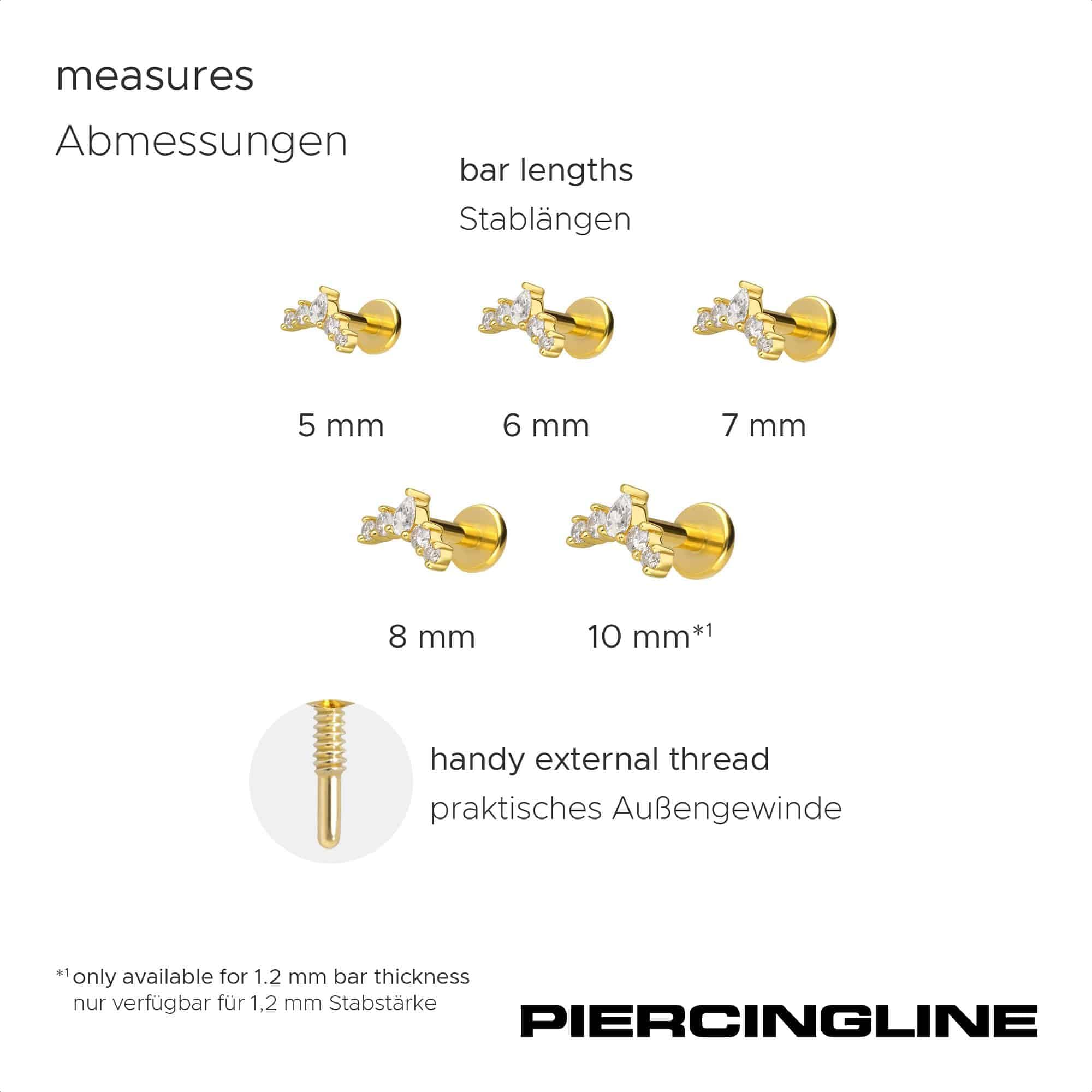 PIERCINGLINE Piercing Stecker Titan Labret mit Innengewinde + 925er Silber Aufsatz MOISSANIT-BOGEN - Goldfarben, Silberfarben