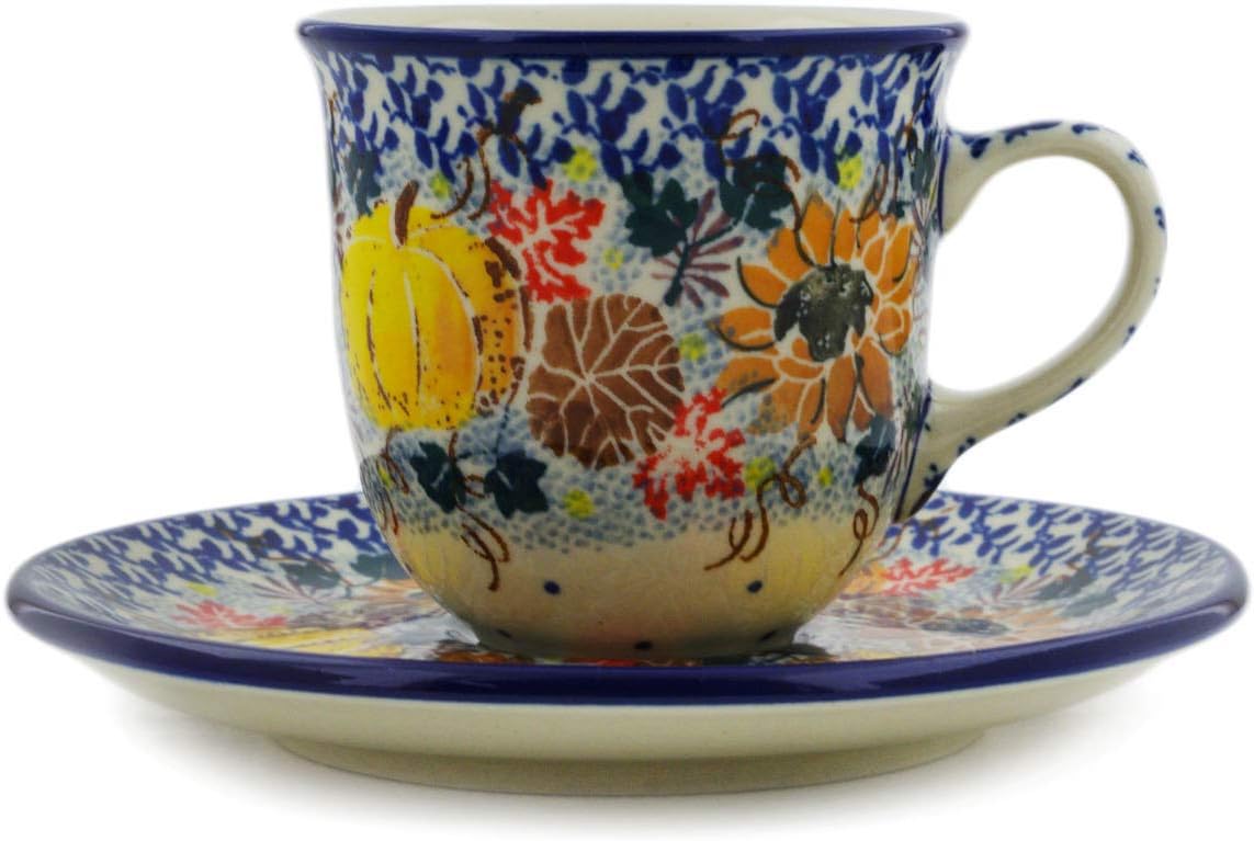 Polmedia Polish Pottery Cup with Saucer UNIKAT - Autumn Falling Leaves Pattern Handmade in Boleslawiec Poland by Ceramika Artystyczna + Certificate of Authenticity