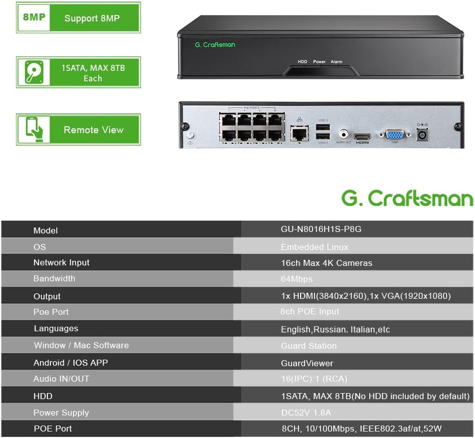 8CH PoE NVR with 4K HDMI Output, H.265, Supports 8TB HDD, ONVIF, Smart Detection, for CCTV Security Camera